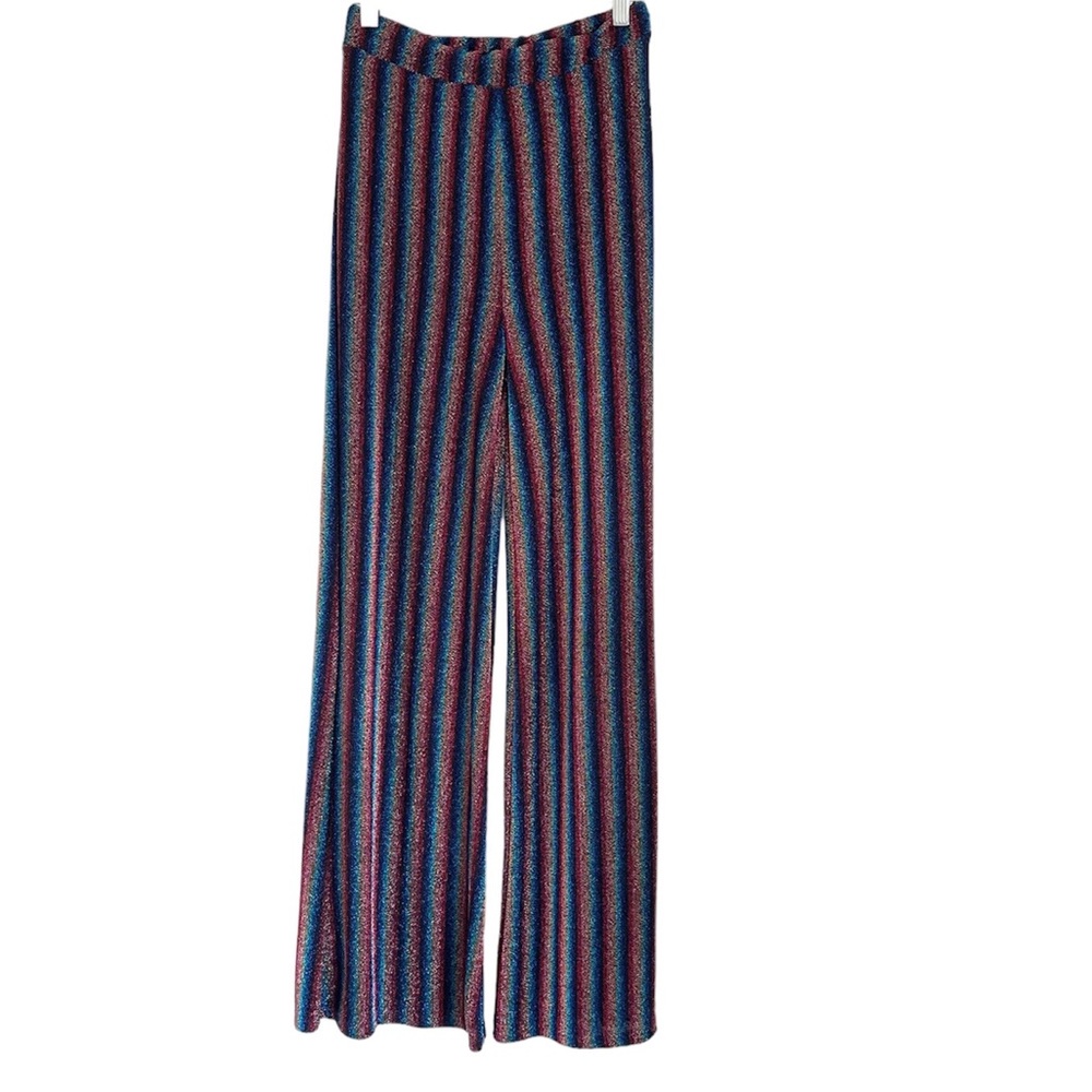 Shop 17 rainbow stripe glittery metallic Y2k disco retro high rise pants size M